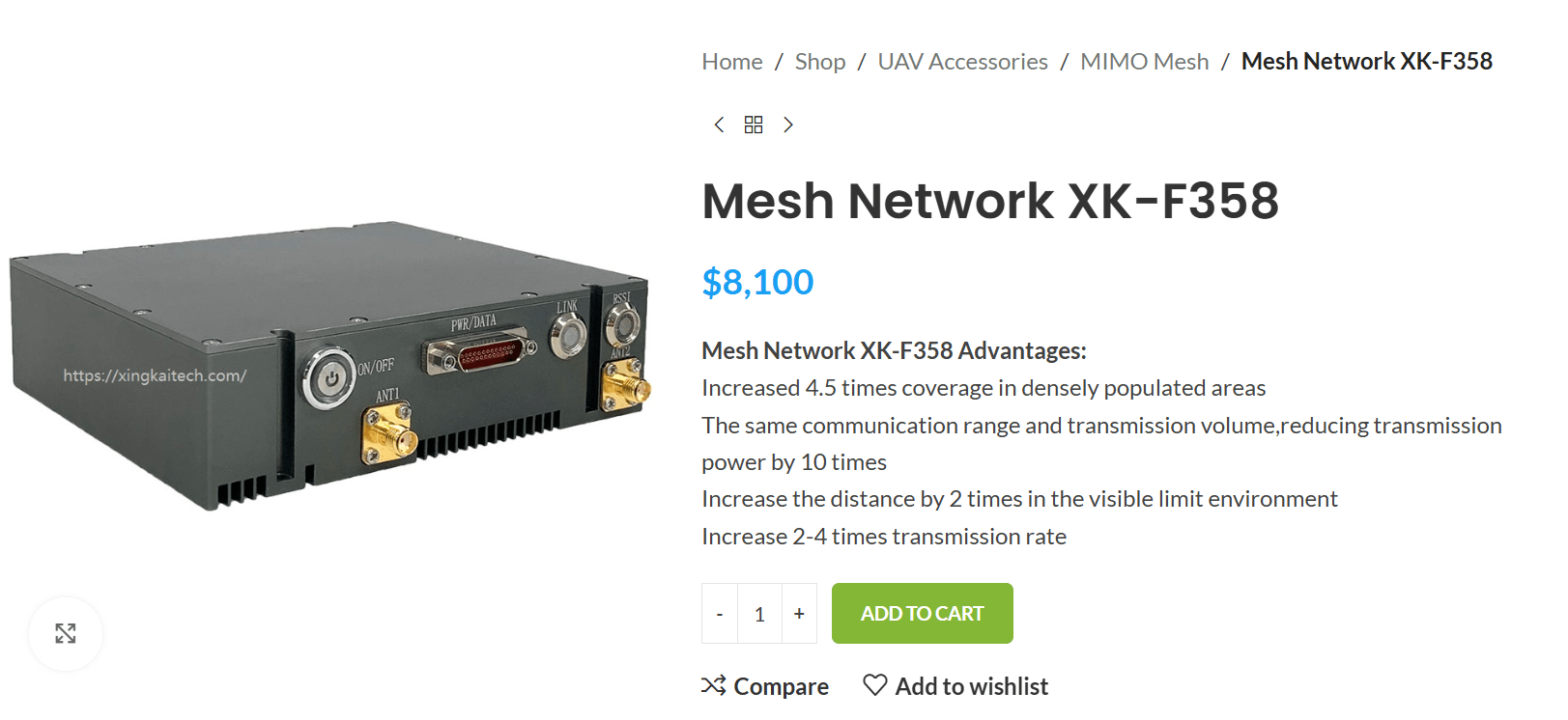 Скриншот сайта Xingkai Technology с карточкой mesh-радиомодема XK-F358 